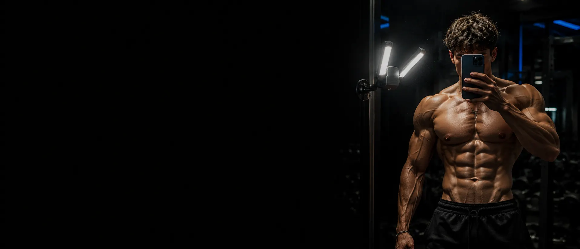Shredded athlete lit by PumpLamp in a dark gym